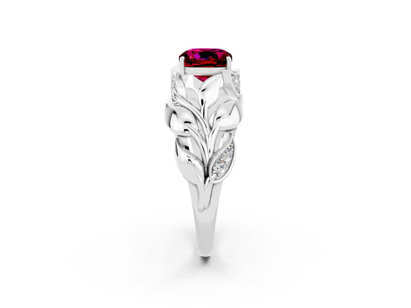 Platinum Cushion Cut Garnet Leaf-Inspired Engagement Ring with Round Accents and Prong Setting