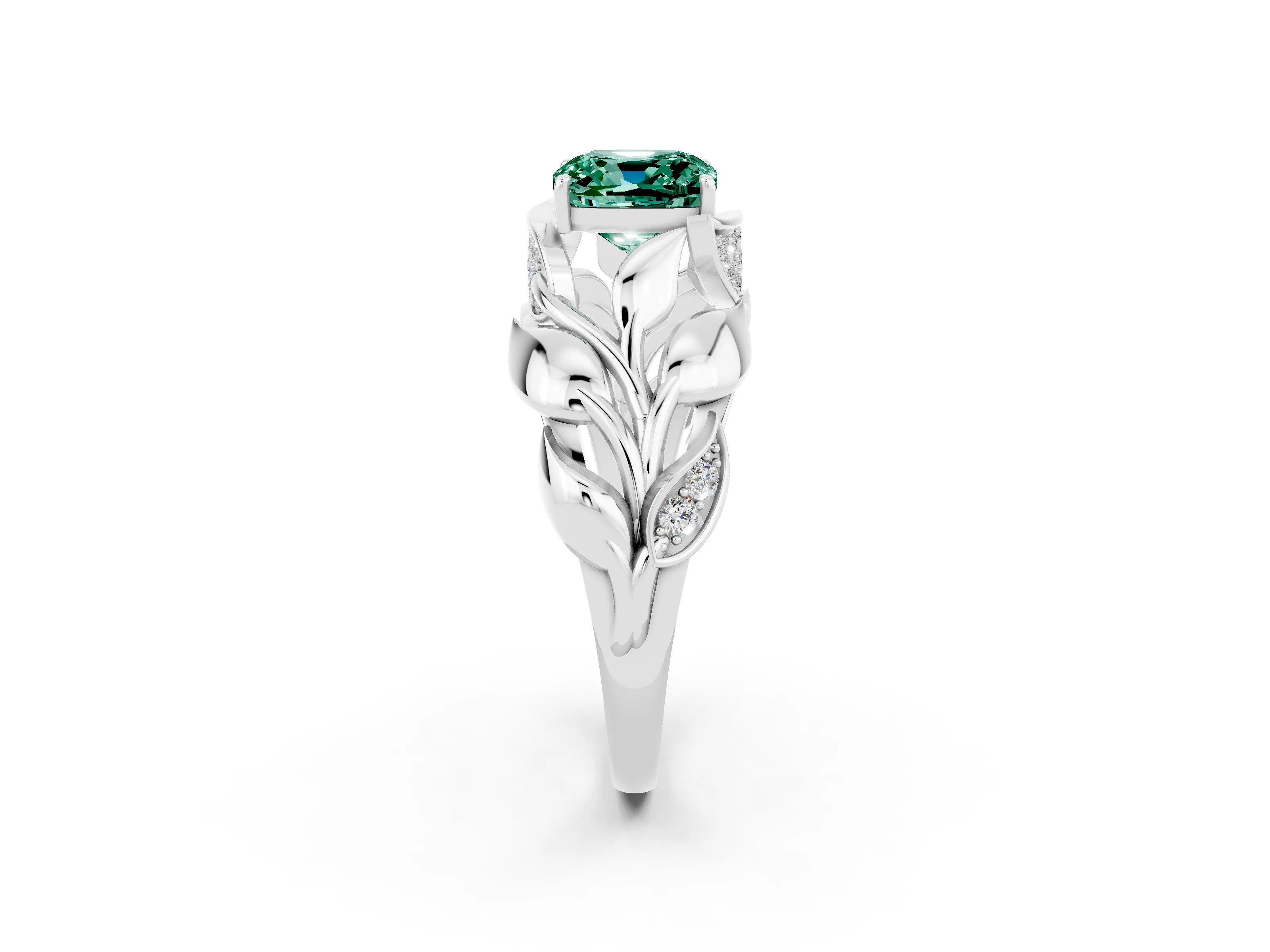 White gold Cushion Cut Solitaire Leaf-Inspired Engagement Ring with Prong Setting_2