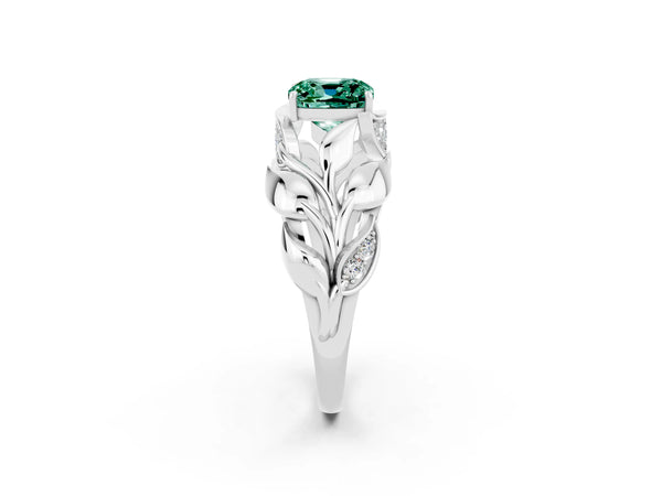 Platinum Cushion Cut Green Sapphire Leaf-Inspired Engagement Ring with Round Accents and Prong Setting