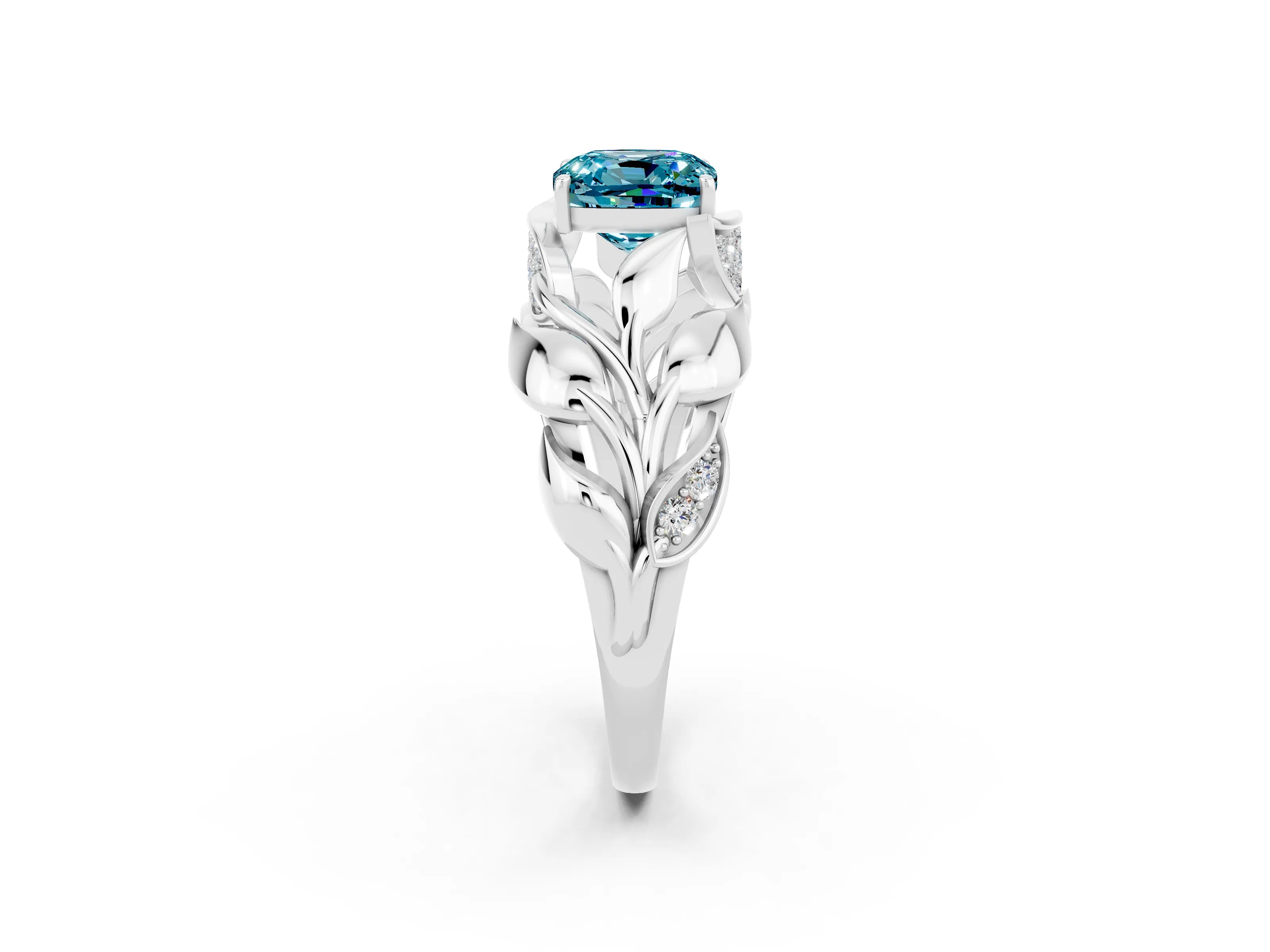 White gold Cushion Cut Solitaire Leaf-Inspired Engagement Ring with Prong Setting_2
