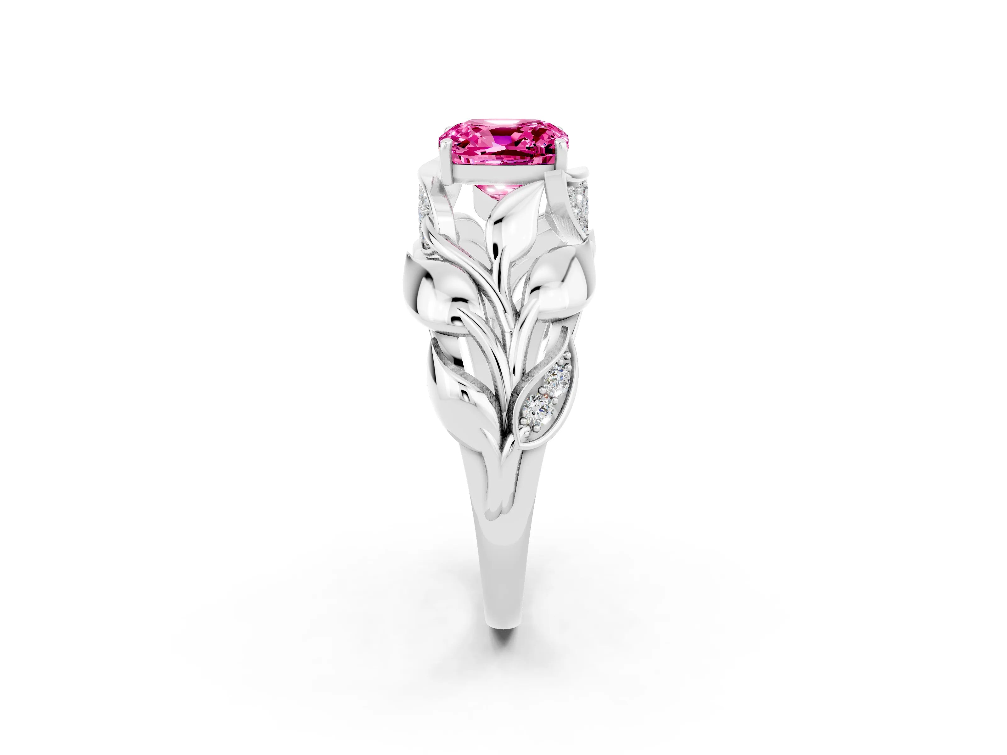 White gold Cushion Cut Solitaire Leaf-Inspired Engagement Ring with Prong Setting_2