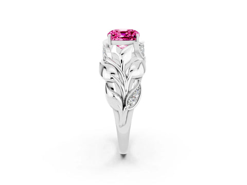 White gold Cushion Cut Solitaire Leaf-Inspired Engagement Ring with Prong Setting_2