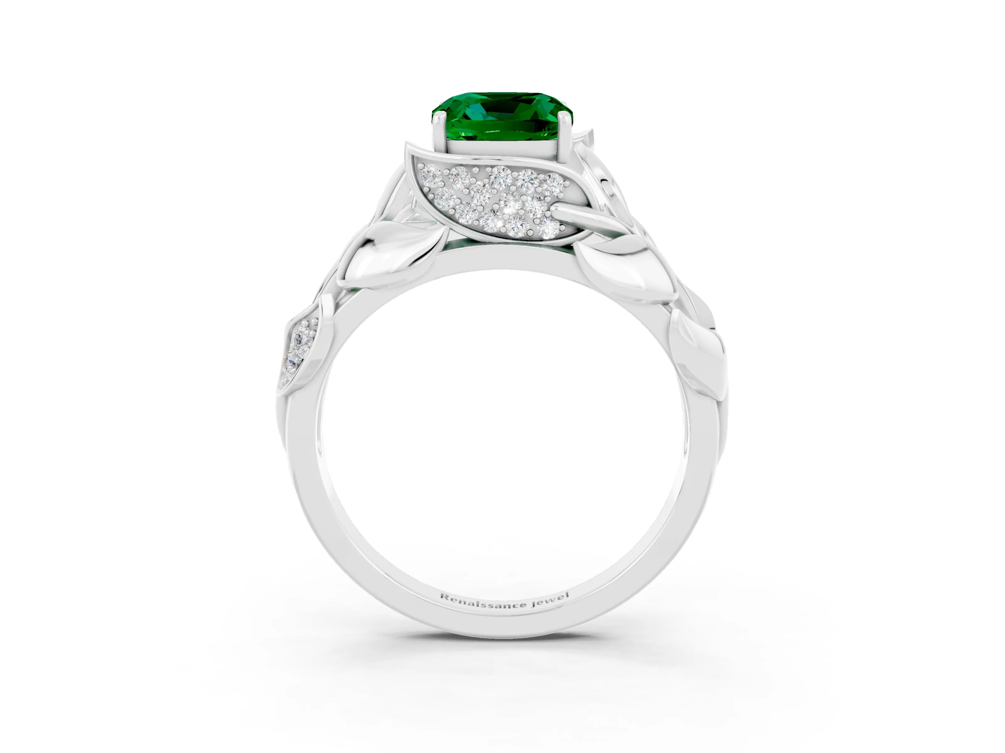 White gold Cushion Cut Solitaire Leaf-Inspired Engagement Ring with Prong Setting_3