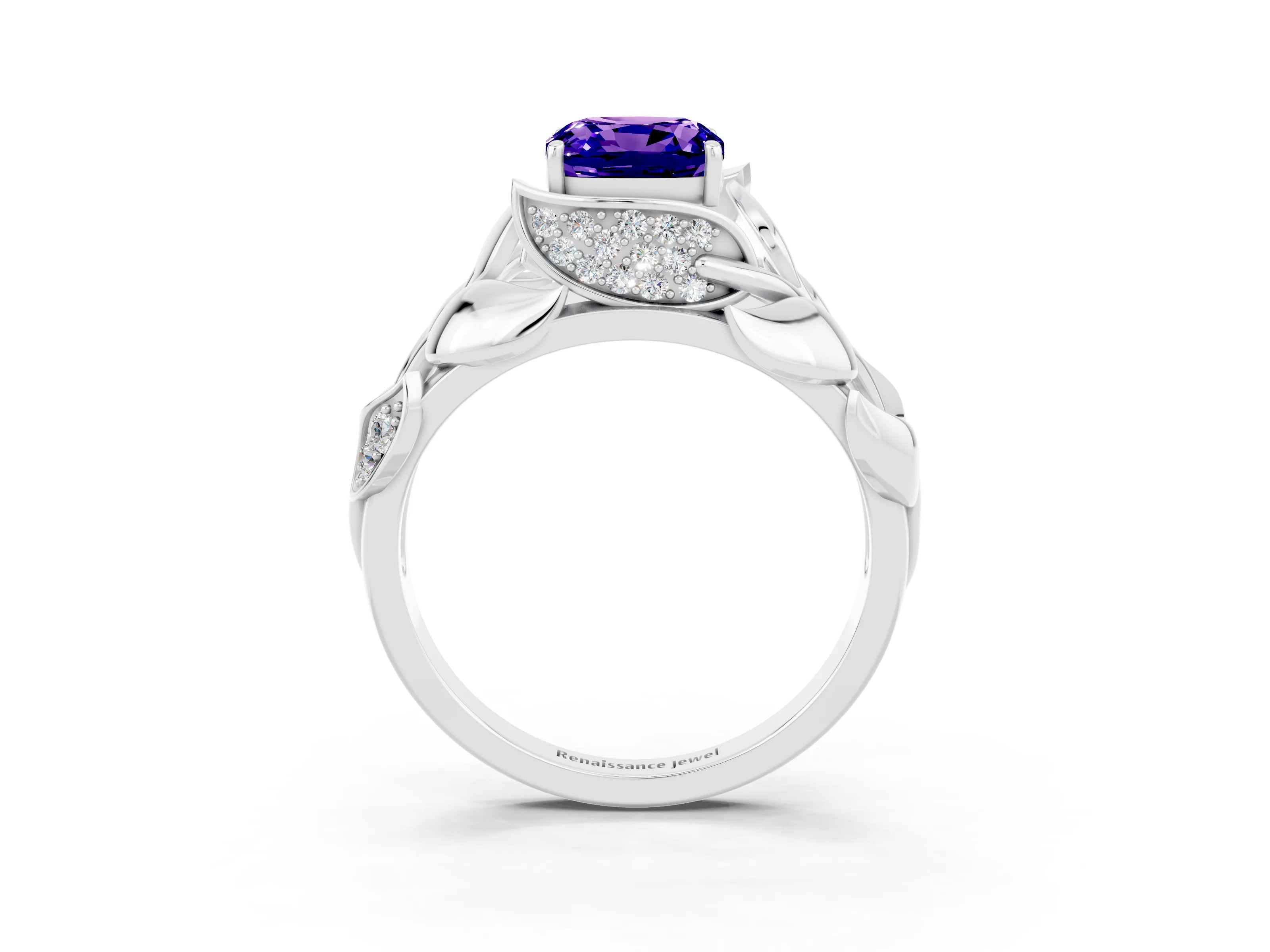 White gold Cushion Cut Solitaire Leaf-Inspired Engagement Ring with Prong Setting_3