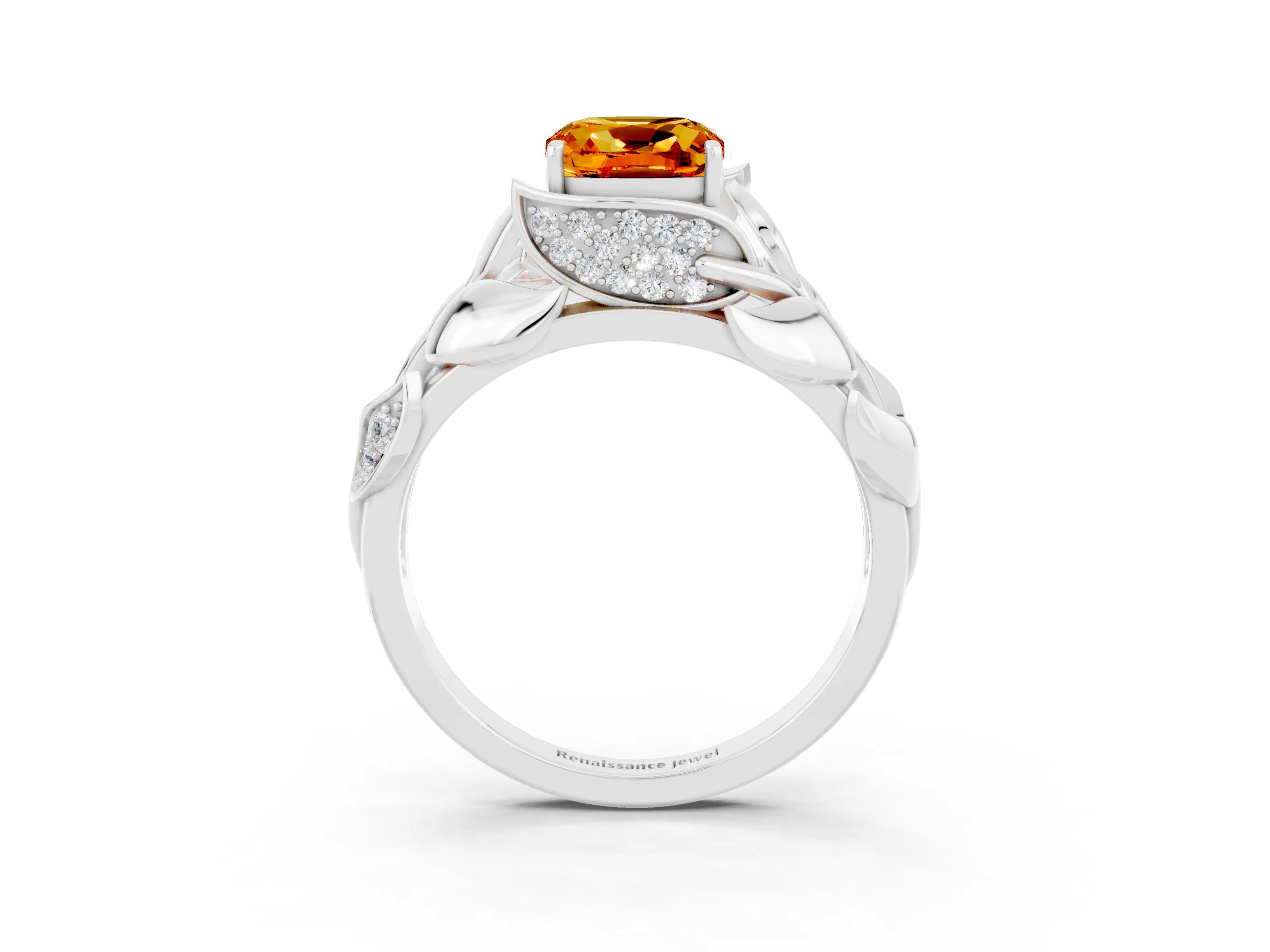 White gold Cushion Cut Solitaire Leaf-Inspired Engagement Ring with Prong Setting_3