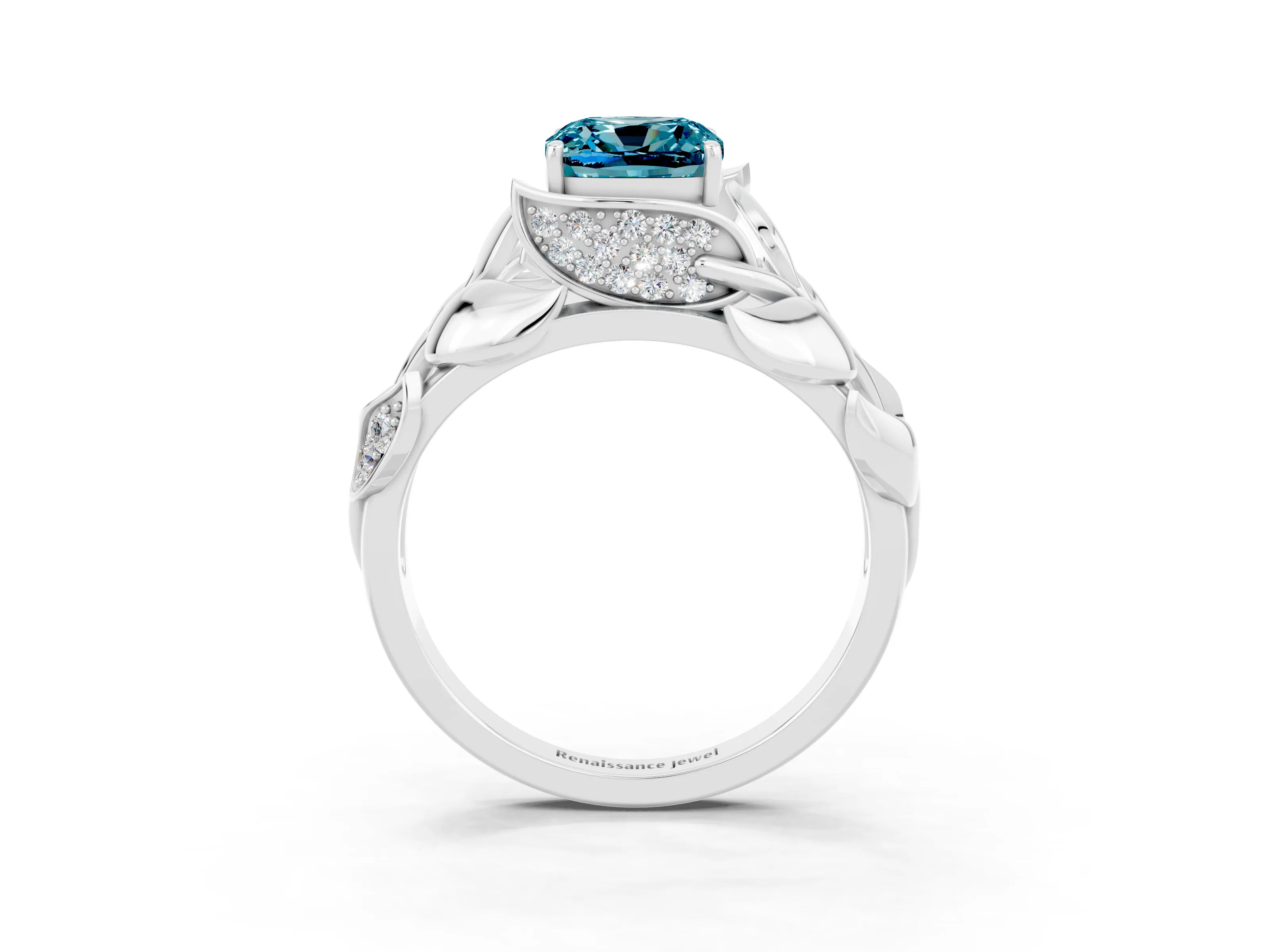 White gold Cushion Cut Solitaire Leaf-Inspired Engagement Ring with Prong Setting_3