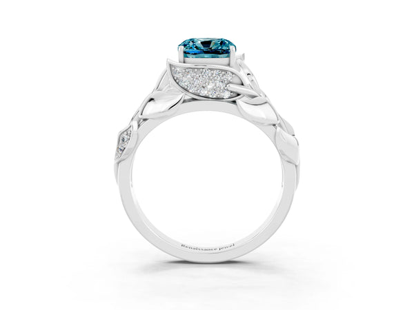 White gold Cushion Cut Solitaire Leaf-Inspired Engagement Ring with Prong Setting