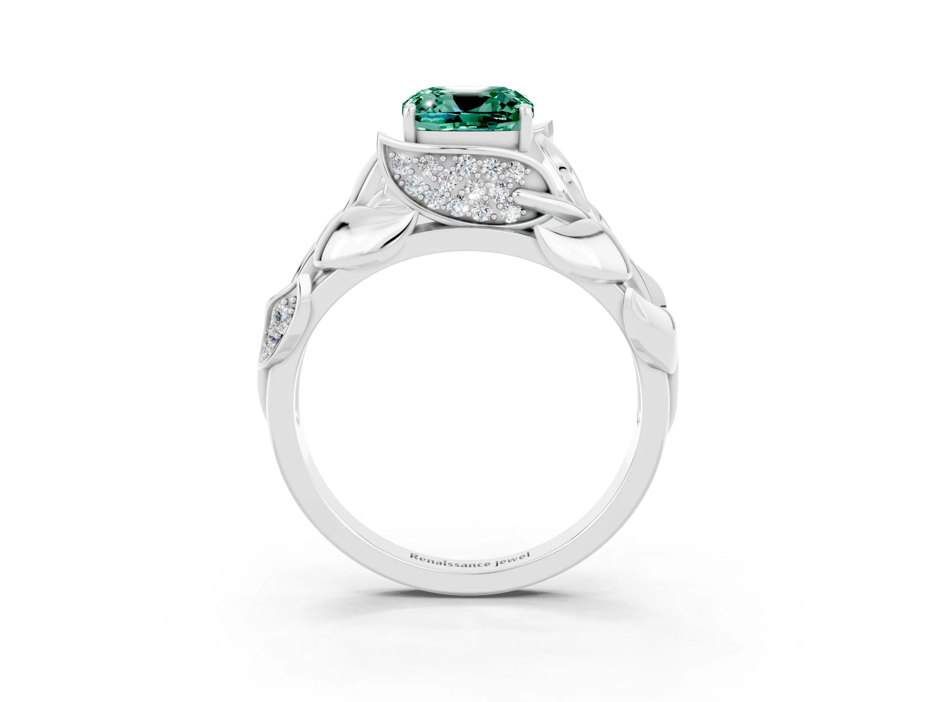 White gold Cushion Cut Solitaire Leaf-Inspired Engagement Ring with Prong Setting_3
