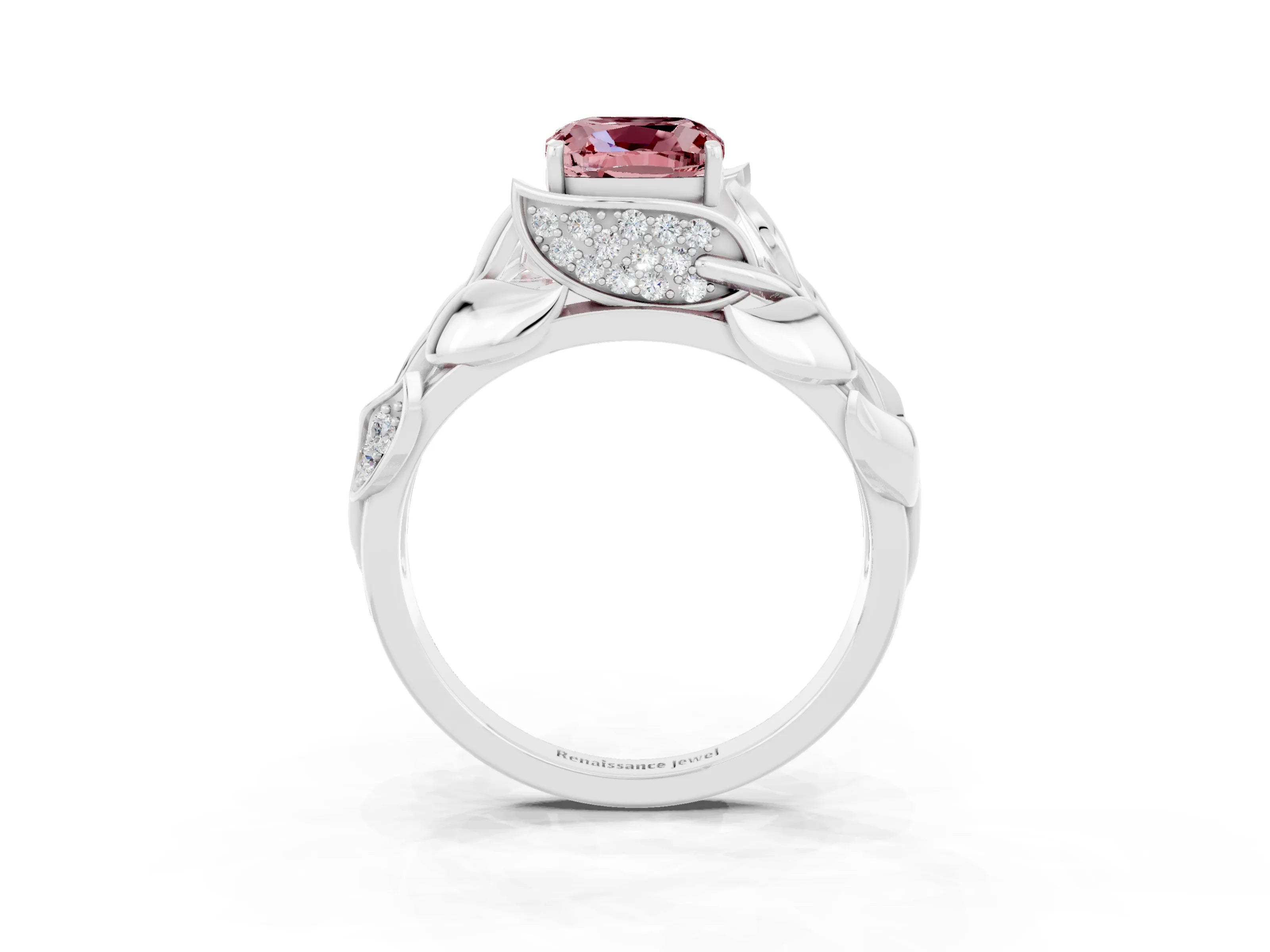 White gold Cushion Cut Solitaire Leaf-Inspired Engagement Ring with Prong Setting_3