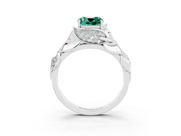 Platinum Cushion Cut Green Sapphire Leaf-Inspired Engagement Ring with Round Accents and Prong Setting