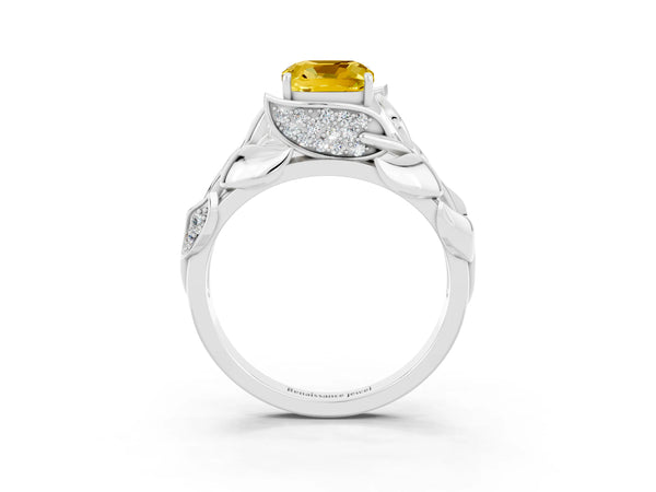 White gold Cushion Cut Yellow Sapphire Leaf-Inspired Engagement Ring with Round Accents and Prong Setting