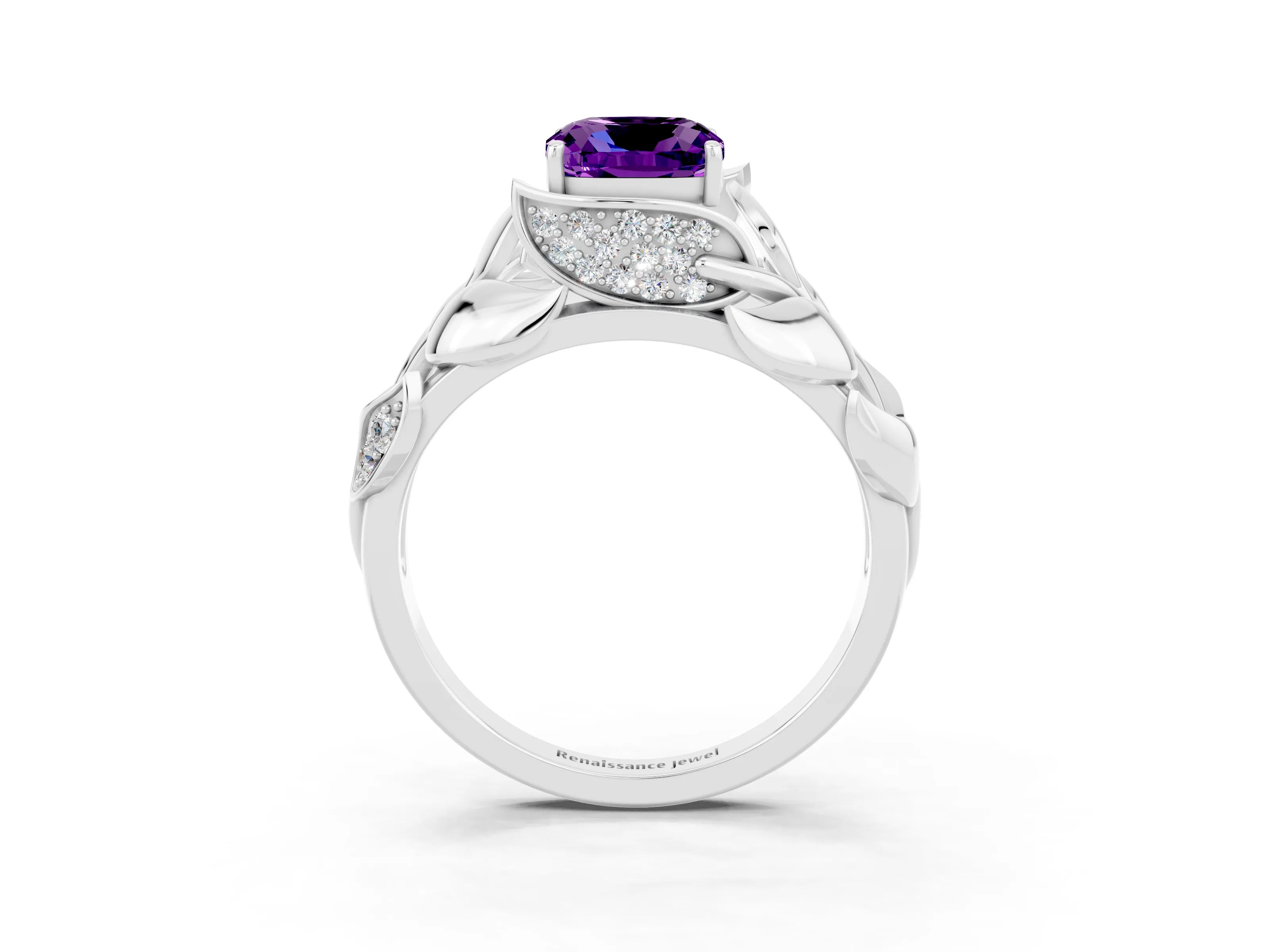 White gold Cushion Cut Solitaire Leaf-Inspired Engagement Ring with Prong Setting_3
