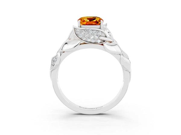 Platinum Cushion Cut Citrine Leaf-Inspired Engagement Ring with Round Accents and Prong Setting