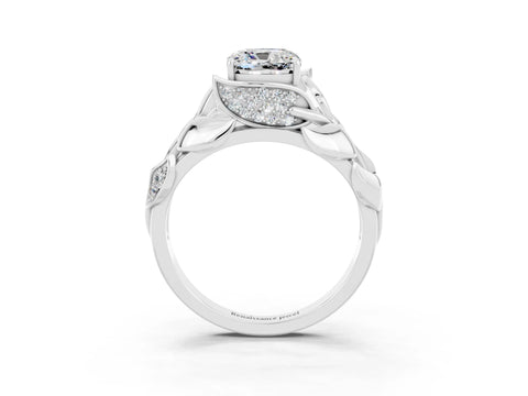 White gold Cushion Cut Solitaire Leaf-Inspired Engagement Ring with Prong Setting_3