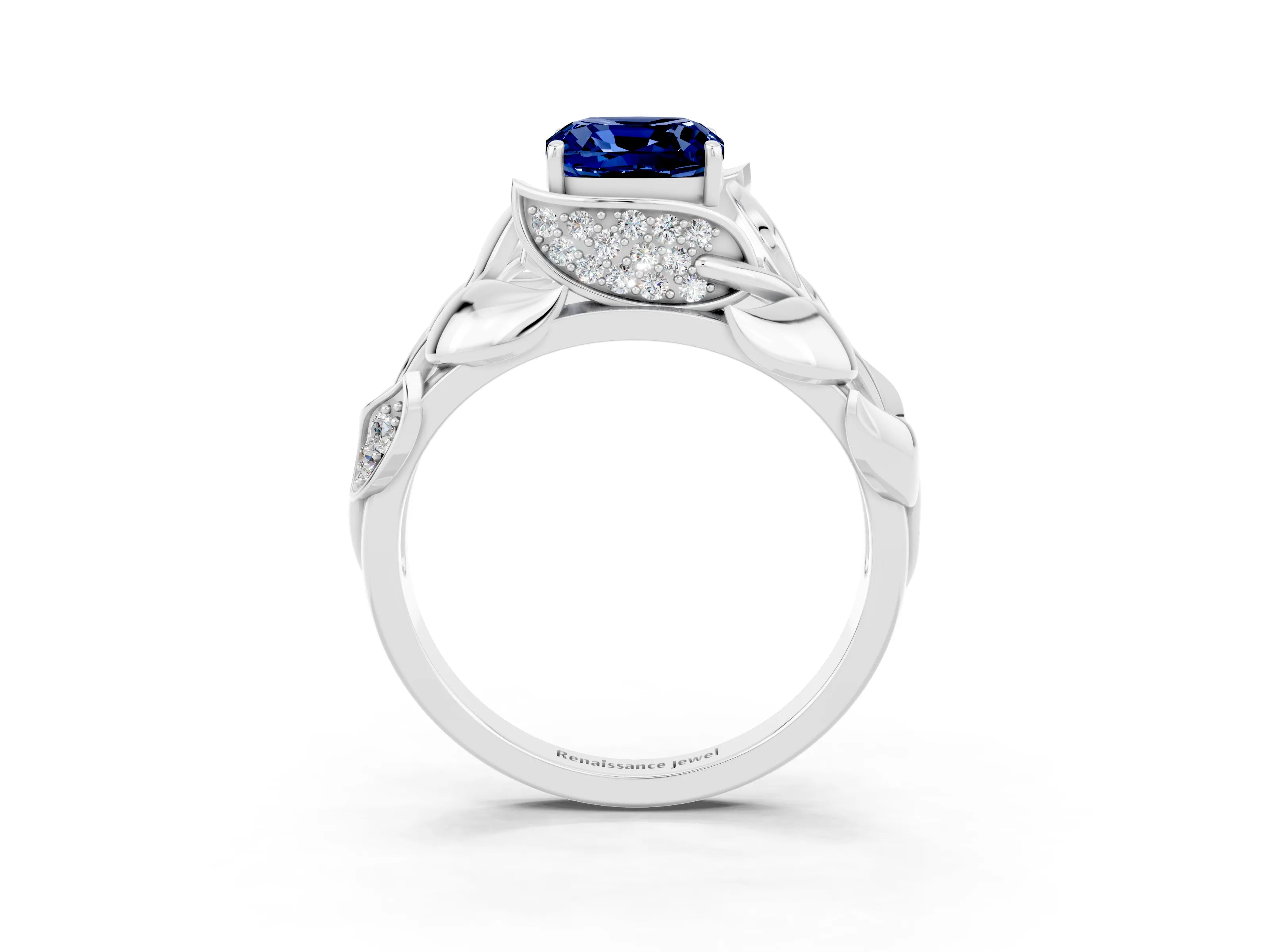 White gold Cushion Cut Solitaire Leaf-Inspired Engagement Ring with Prong Setting_3
