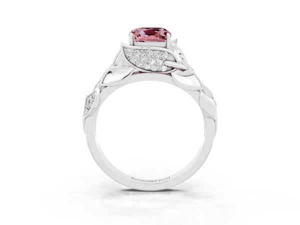 Platinum Cushion Cut Solitaire Leaf-Inspired Engagement Ring with Prong Setting
