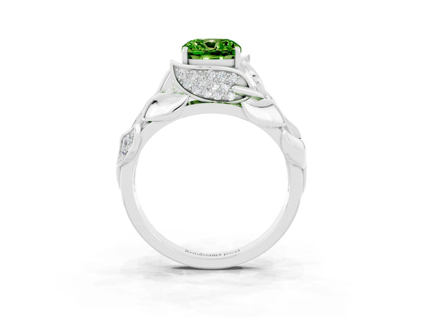 Platinum Cushion Cut Solitaire Leaf-Inspired Engagement Ring with Prong Setting
