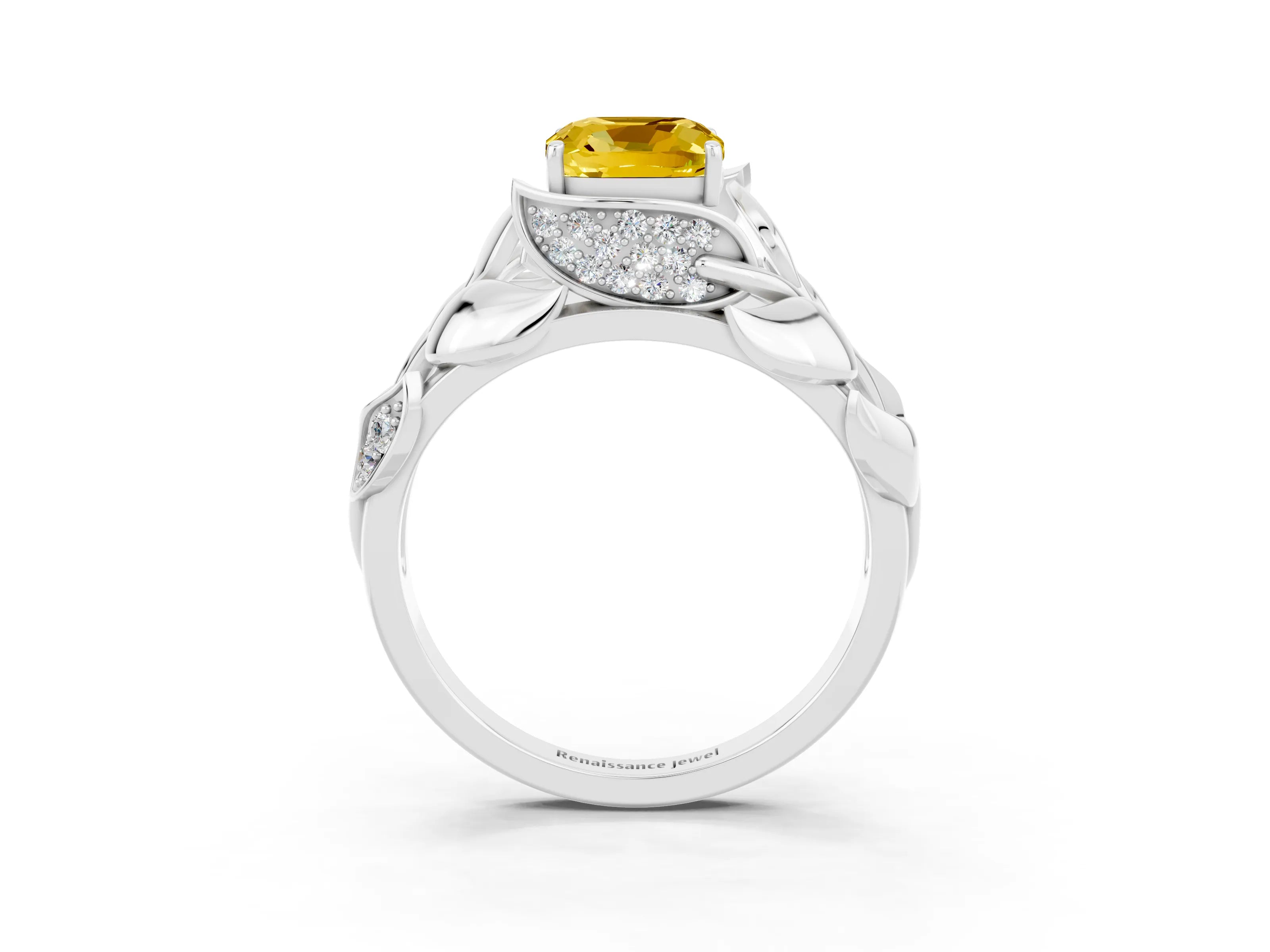 White gold Cushion Cut Solitaire Leaf-Inspired Engagement Ring with Prong Setting_3