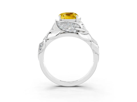 White gold Cushion Cut Solitaire Leaf-Inspired Engagement Ring with Prong Setting_3