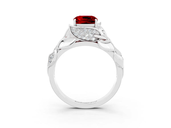 White gold Cushion Cut Ruby Leaf-Inspired Engagement Ring with Round Accents and Prong Setting
