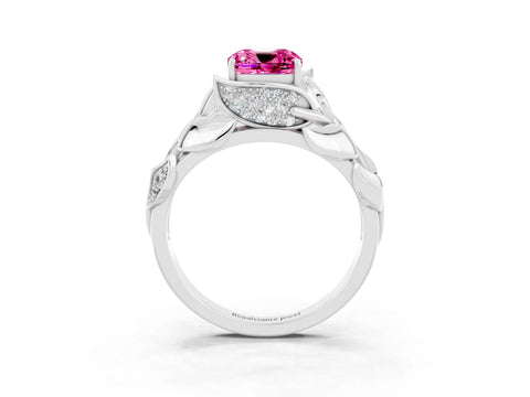 White gold Cushion Cut Solitaire Leaf-Inspired Engagement Ring with Prong Setting_3