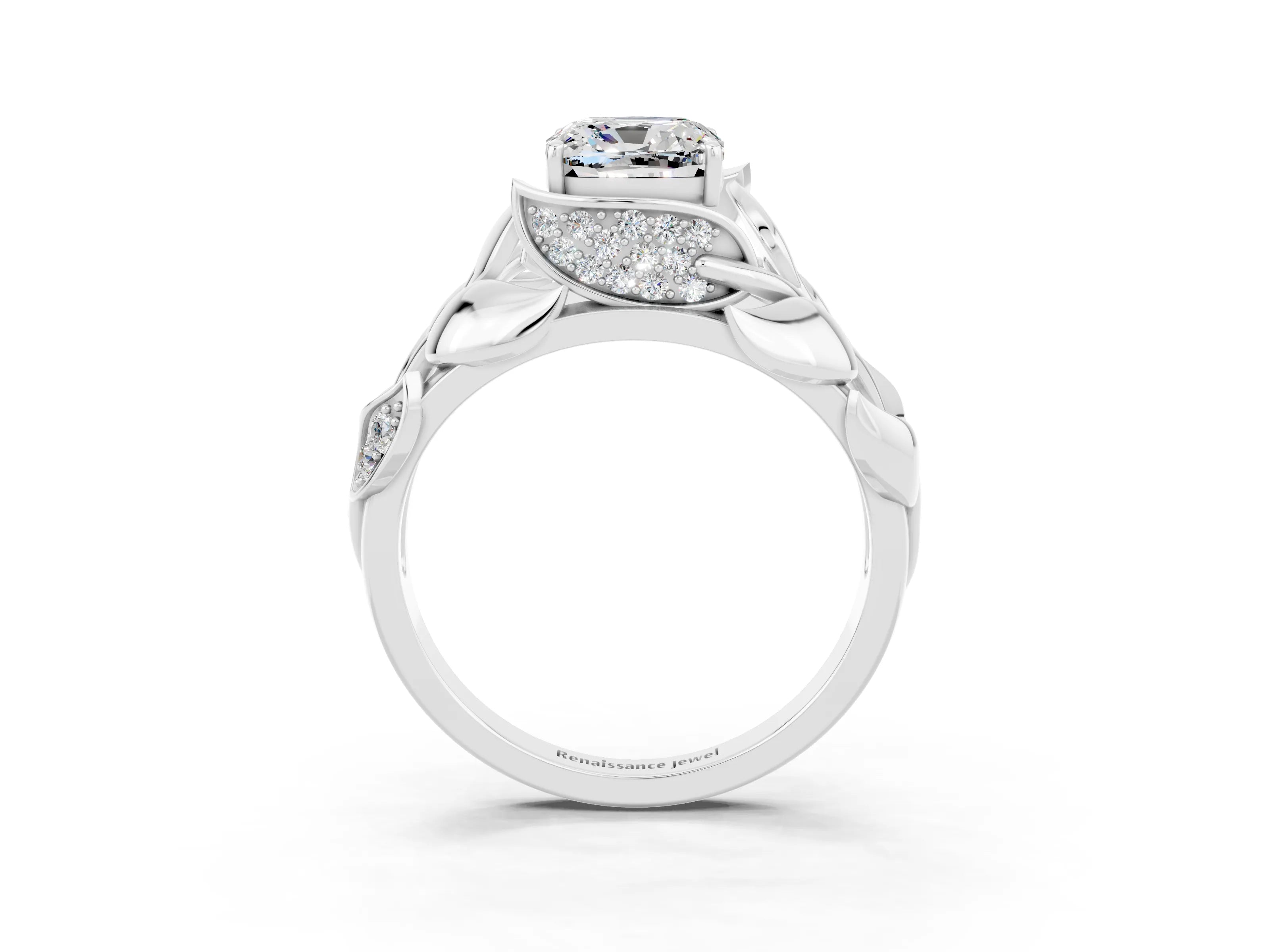 White gold Cushion Cut Solitaire Leaf-Inspired Engagement Ring with Prong Setting_3