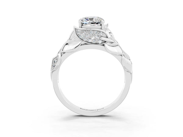Silver Cushion Cut Moissanite Leaf-Inspired Engagement Ring with Round Accents and Prong Setting