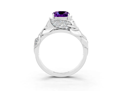 White gold Cushion Cut Solitaire Leaf-Inspired Engagement Ring with Prong Setting_3