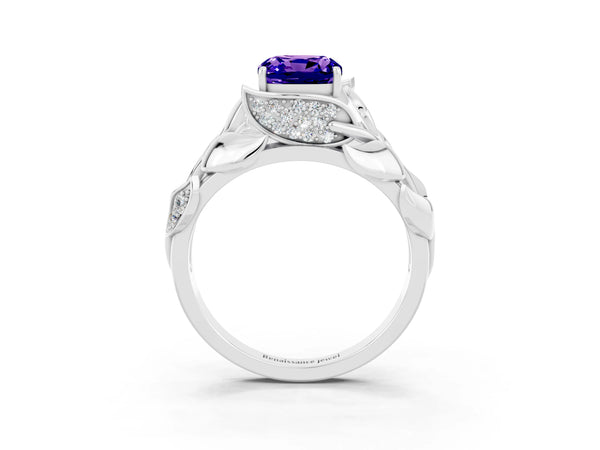 White gold Cushion Cut Tanzanite Leaf-Inspired Engagement Ring with Round Accents and Prong Setting