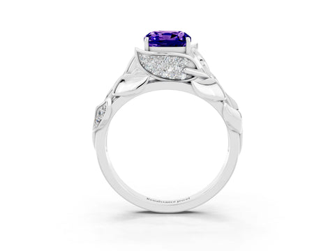 White gold Cushion Cut Solitaire Leaf-Inspired Engagement Ring with Prong Setting_3