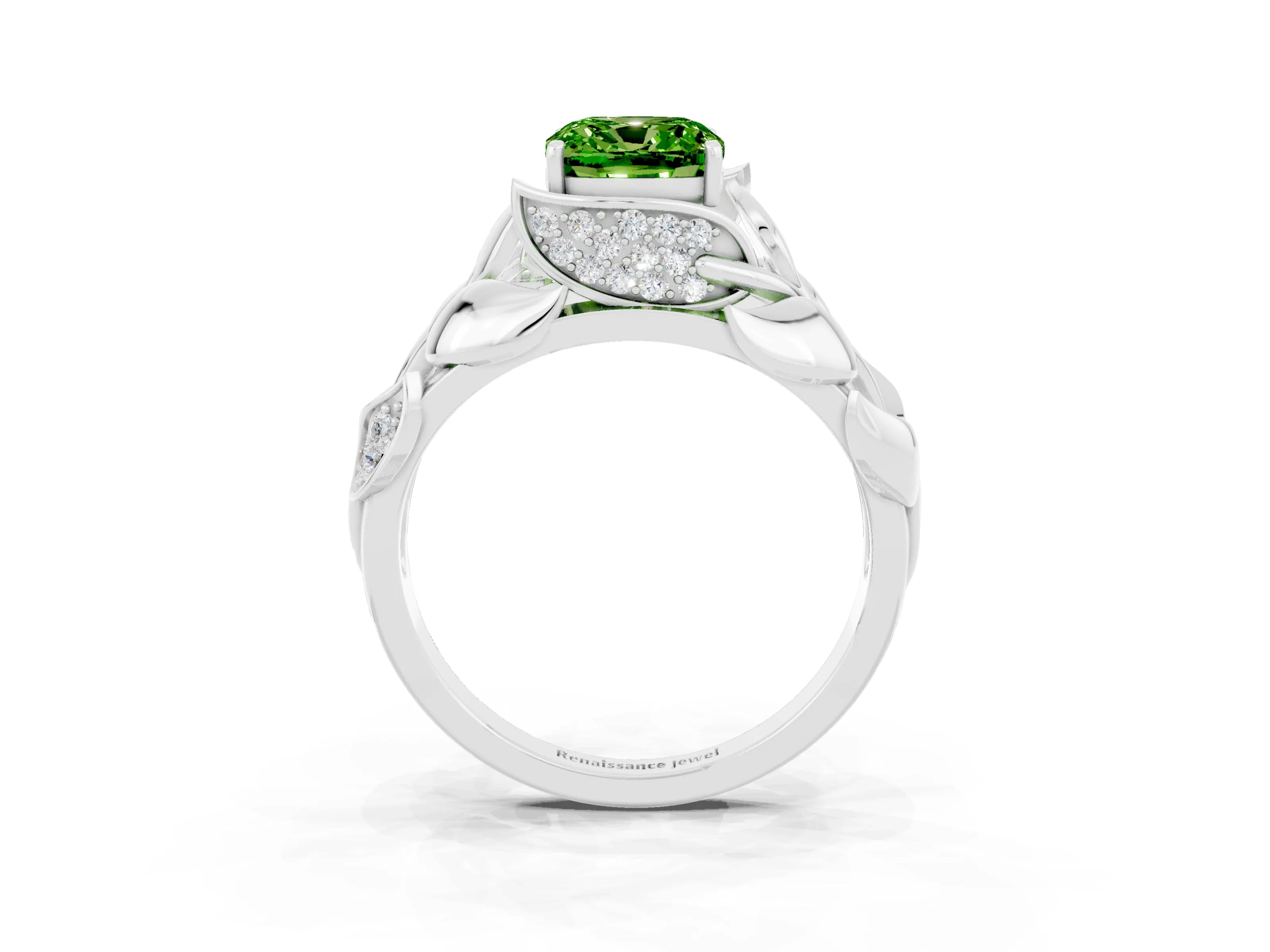 White gold Cushion Cut Solitaire Leaf-Inspired Engagement Ring with Prong Setting_3