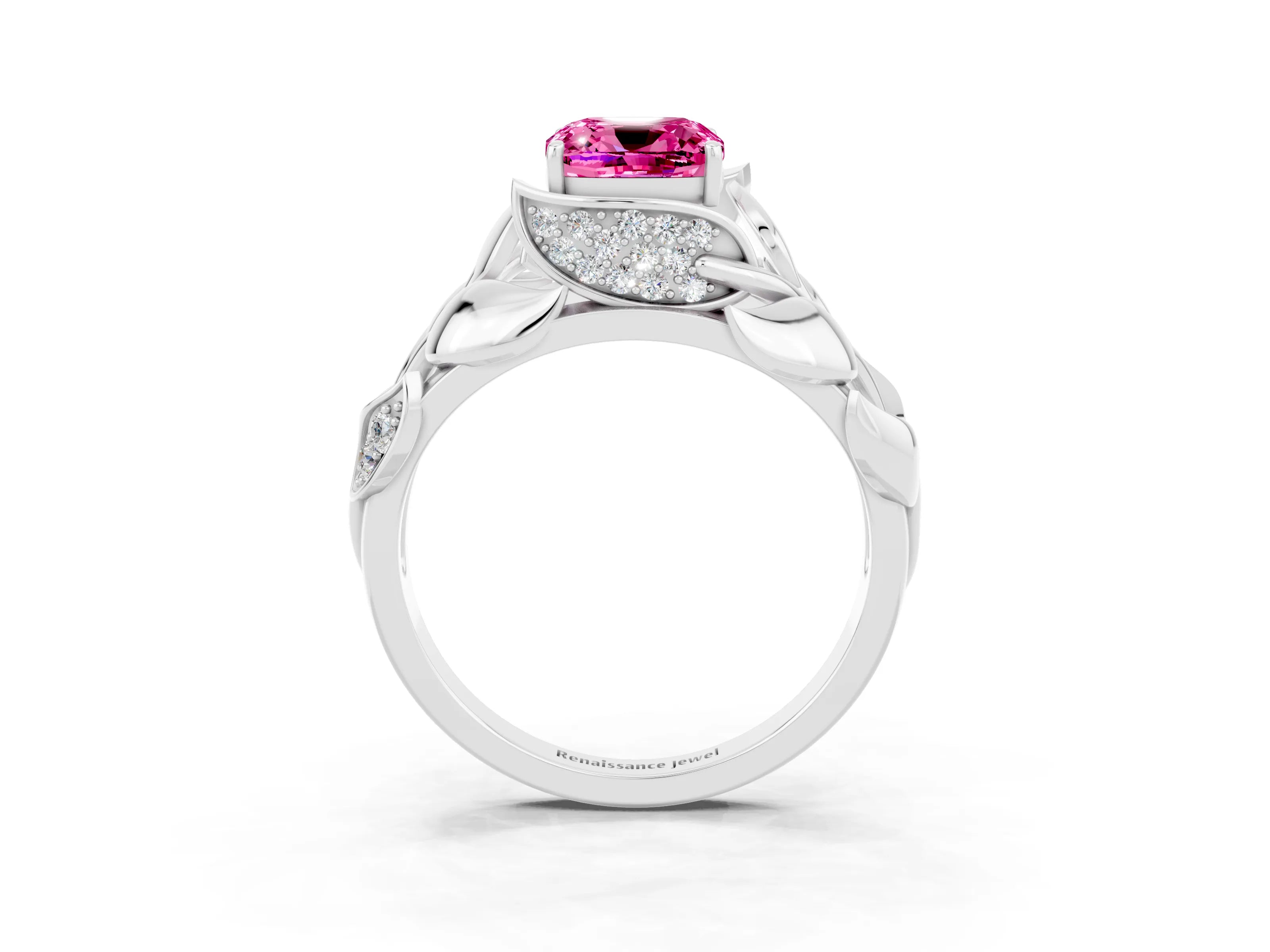 White gold Cushion Cut Solitaire Leaf-Inspired Engagement Ring with Prong Setting_3