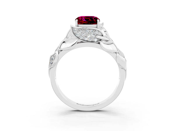 Platinum Cushion Cut Garnet Leaf-Inspired Engagement Ring with Round Accents and Prong Setting