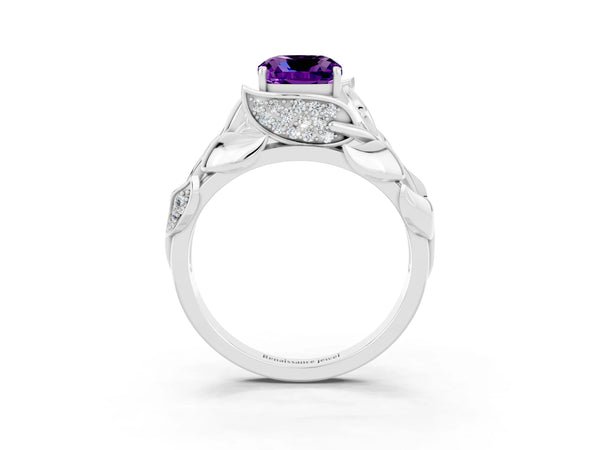White gold Cushion Cut Amethyst Leaf-Inspired Engagement Ring with Round Accents and Prong Setting