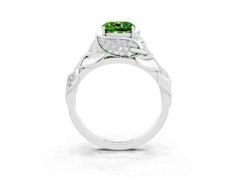 White gold Cushion Cut Solitaire Leaf-Inspired Engagement Ring with Prong Setting_3