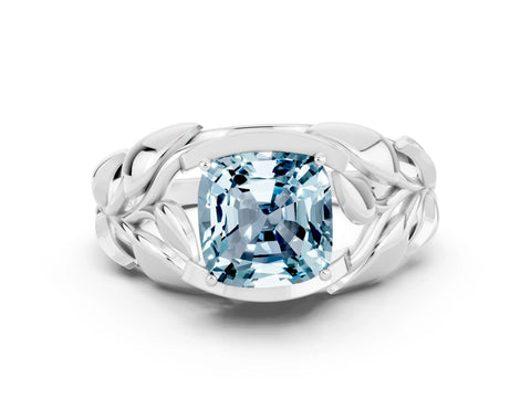 White gold Cushion Cut Solitaire Leaf-Inspired Engagement Ring with Prong Setting