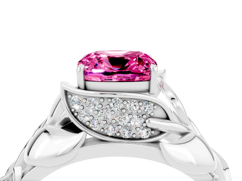 White gold Cushion Cut Solitaire Leaf-Inspired Engagement Ring with Prong Setting_4