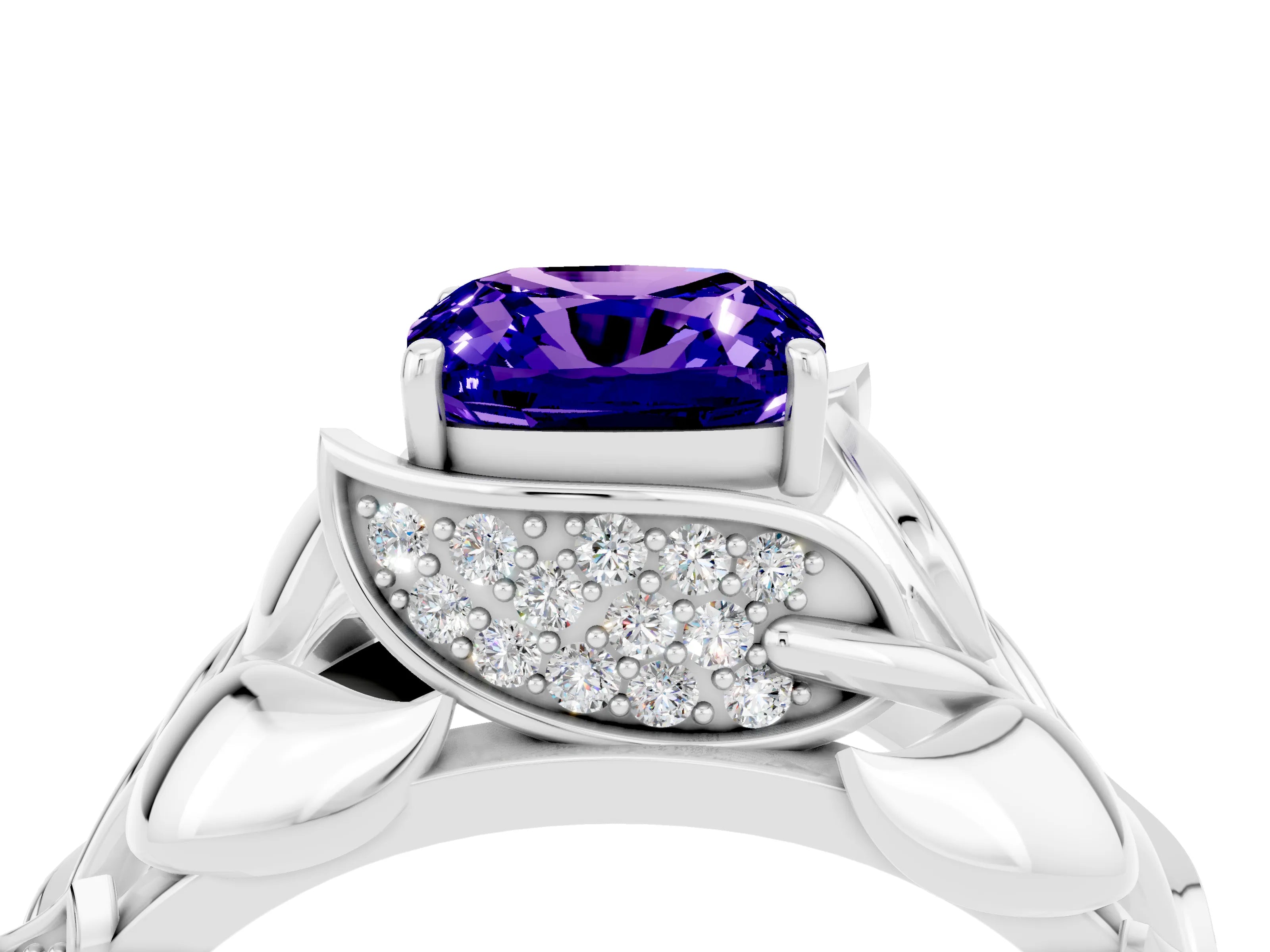 White gold Cushion Cut Solitaire Leaf-Inspired Engagement Ring with Prong Setting_4