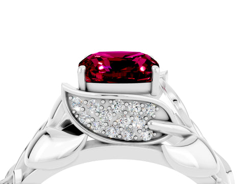 White gold Cushion Cut Solitaire Leaf-Inspired Engagement Ring with Prong Setting_4