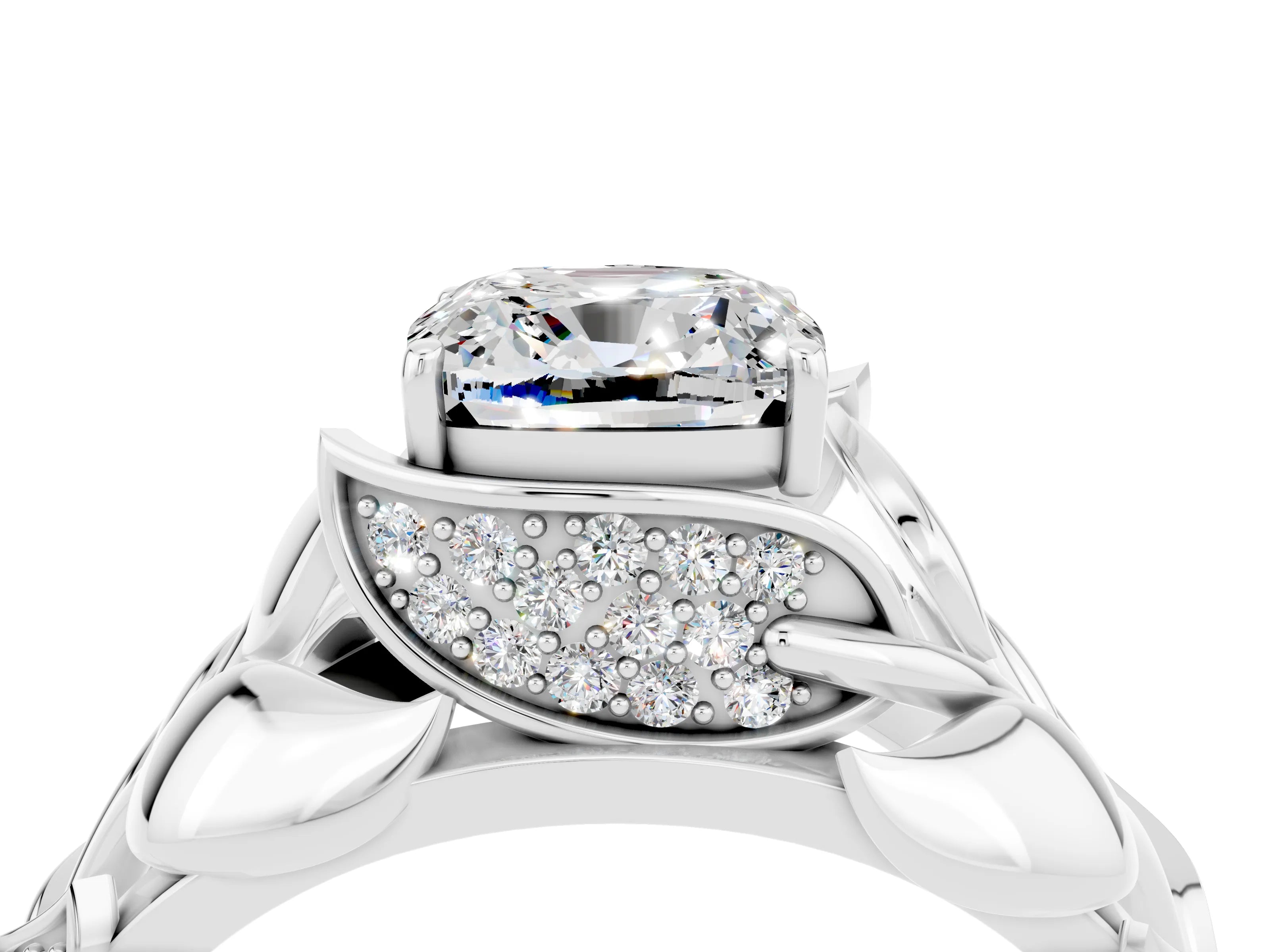 White gold Cushion Cut Solitaire Leaf-Inspired Engagement Ring with Prong Setting_4