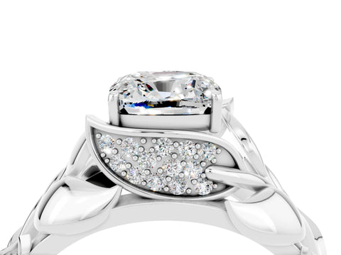 White gold Cushion Cut Solitaire Leaf-Inspired Engagement Ring with Prong Setting_4