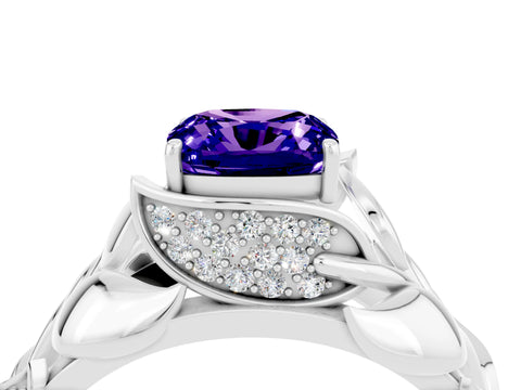 White gold Cushion Cut Solitaire Leaf-Inspired Engagement Ring with Prong Setting_4