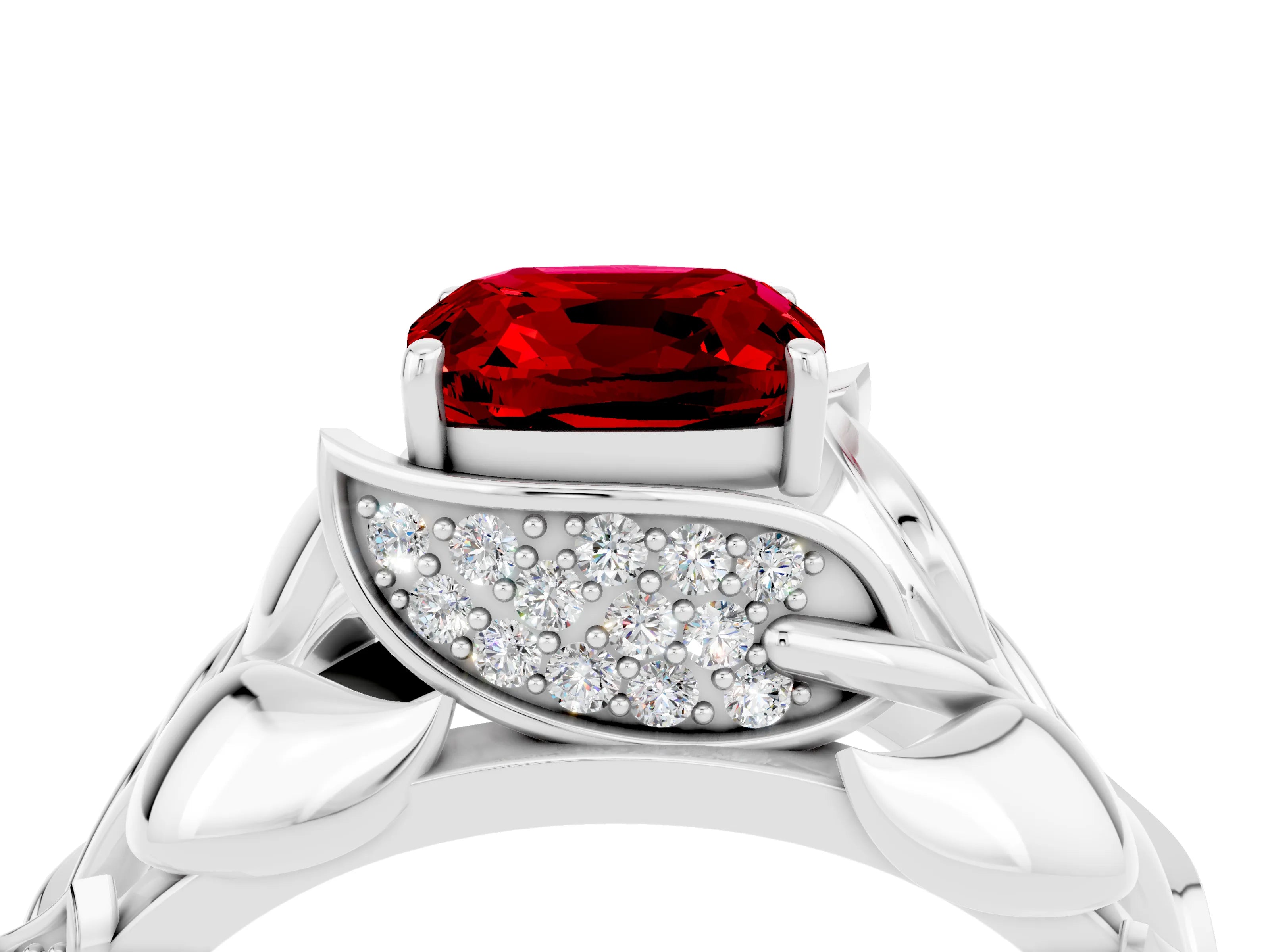 White gold Cushion Cut Solitaire Leaf-Inspired Engagement Ring with Prong Setting_4