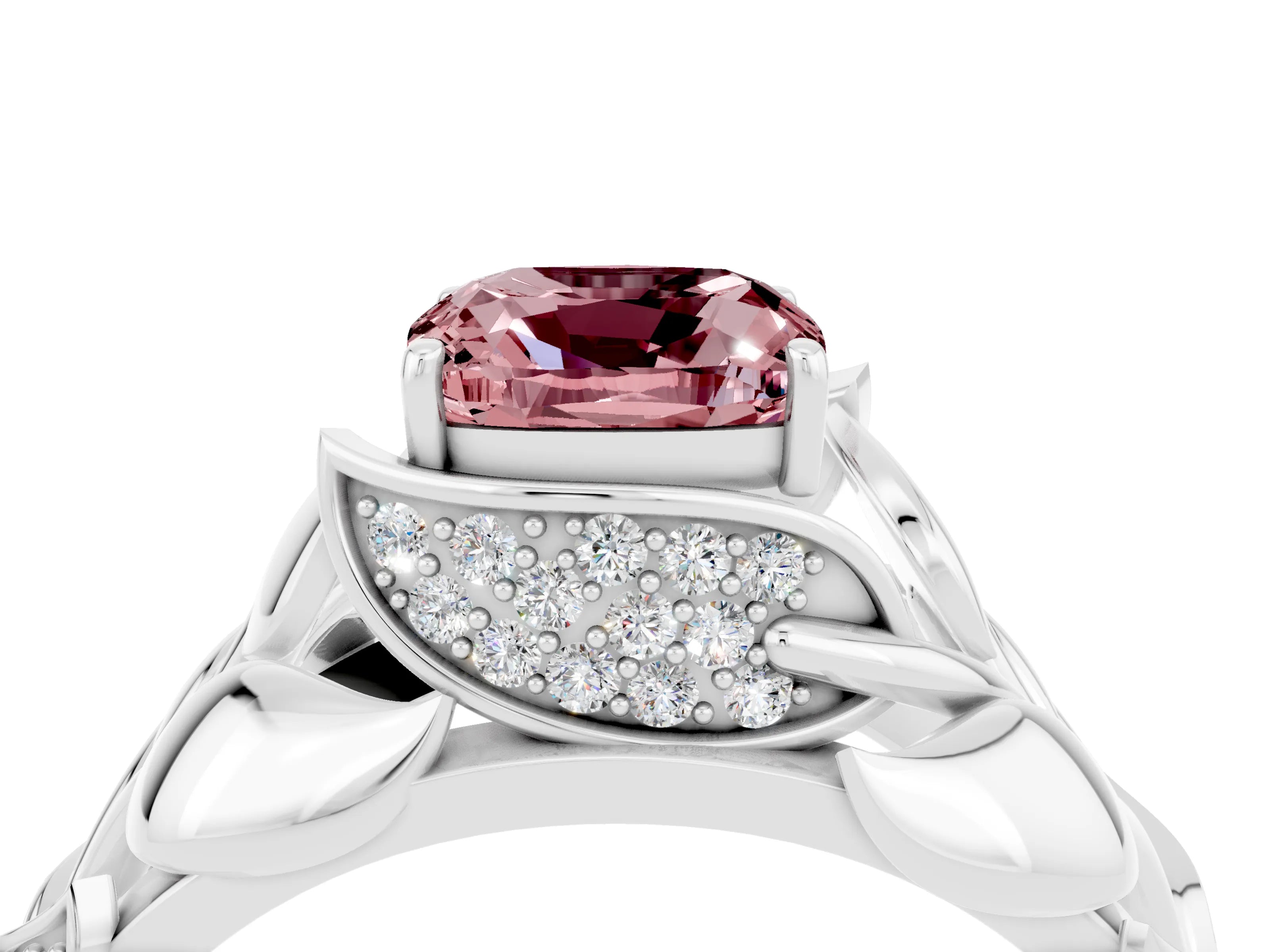 White gold Cushion Cut Solitaire Leaf-Inspired Engagement Ring with Prong Setting_4