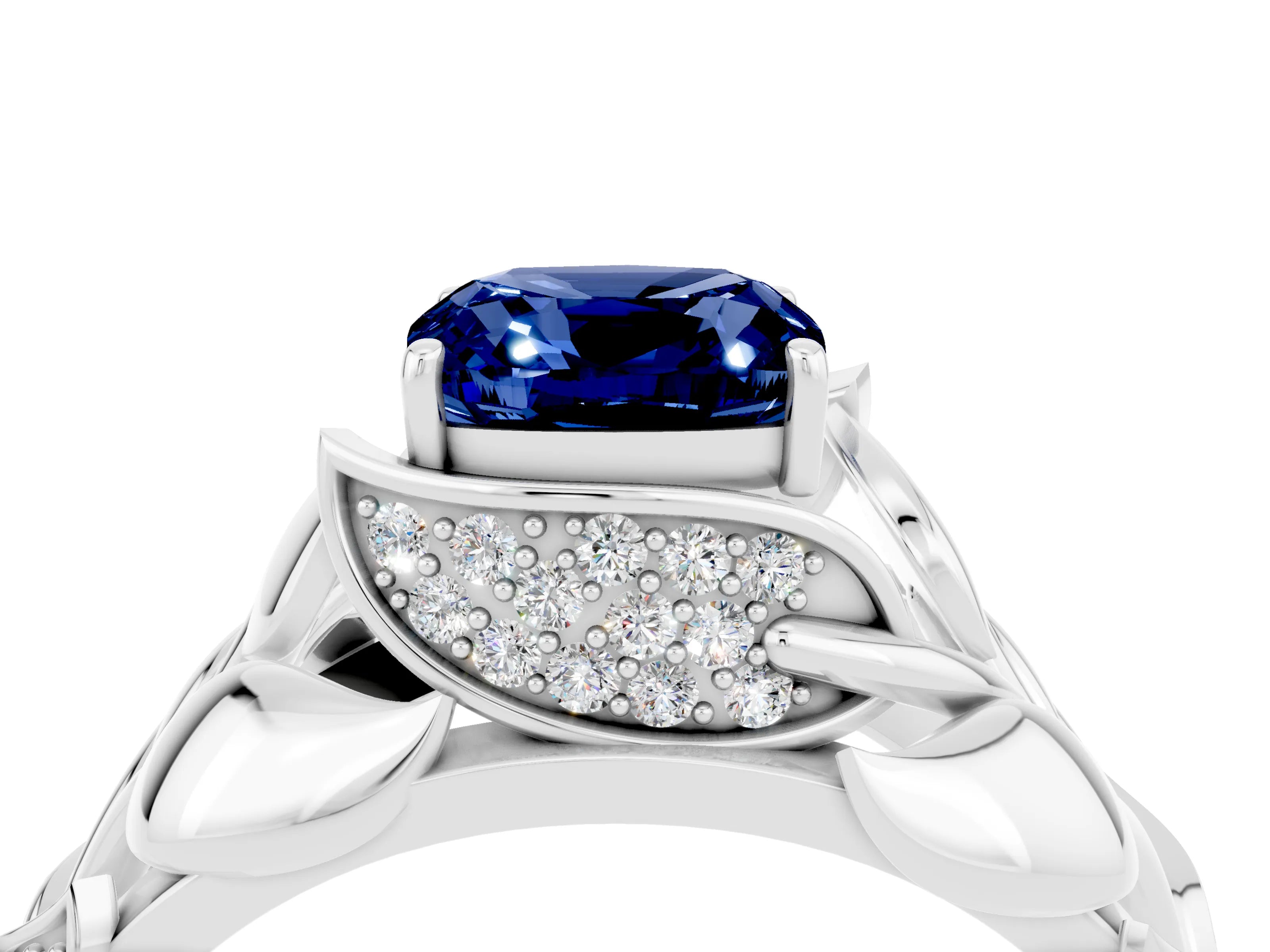 White gold Cushion Cut Solitaire Leaf-Inspired Engagement Ring with Prong Setting_4