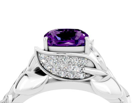 White gold Cushion Cut Solitaire Leaf-Inspired Engagement Ring with Prong Setting_4