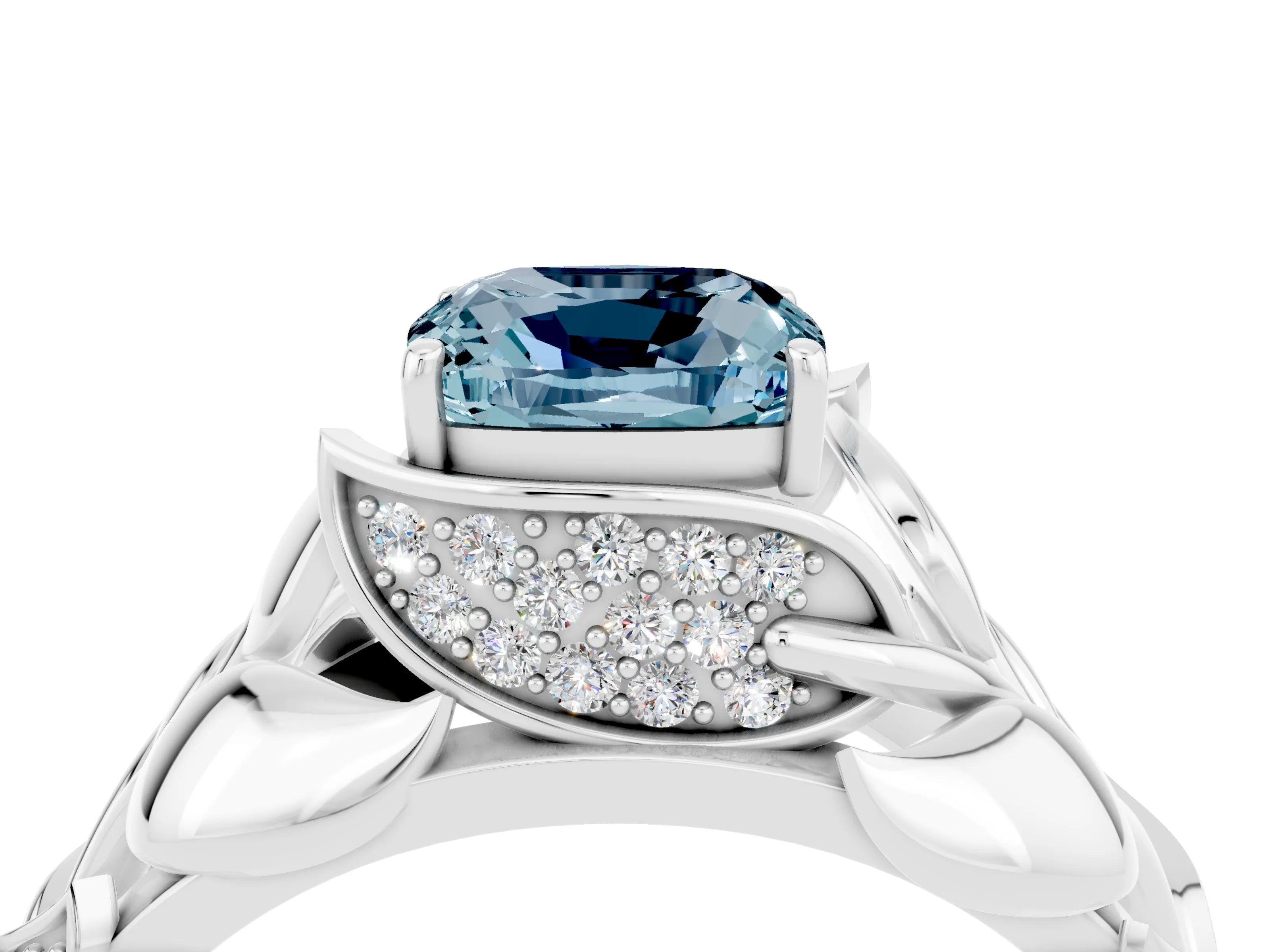 White gold Cushion Cut Solitaire Leaf-Inspired Engagement Ring with Prong Setting_4