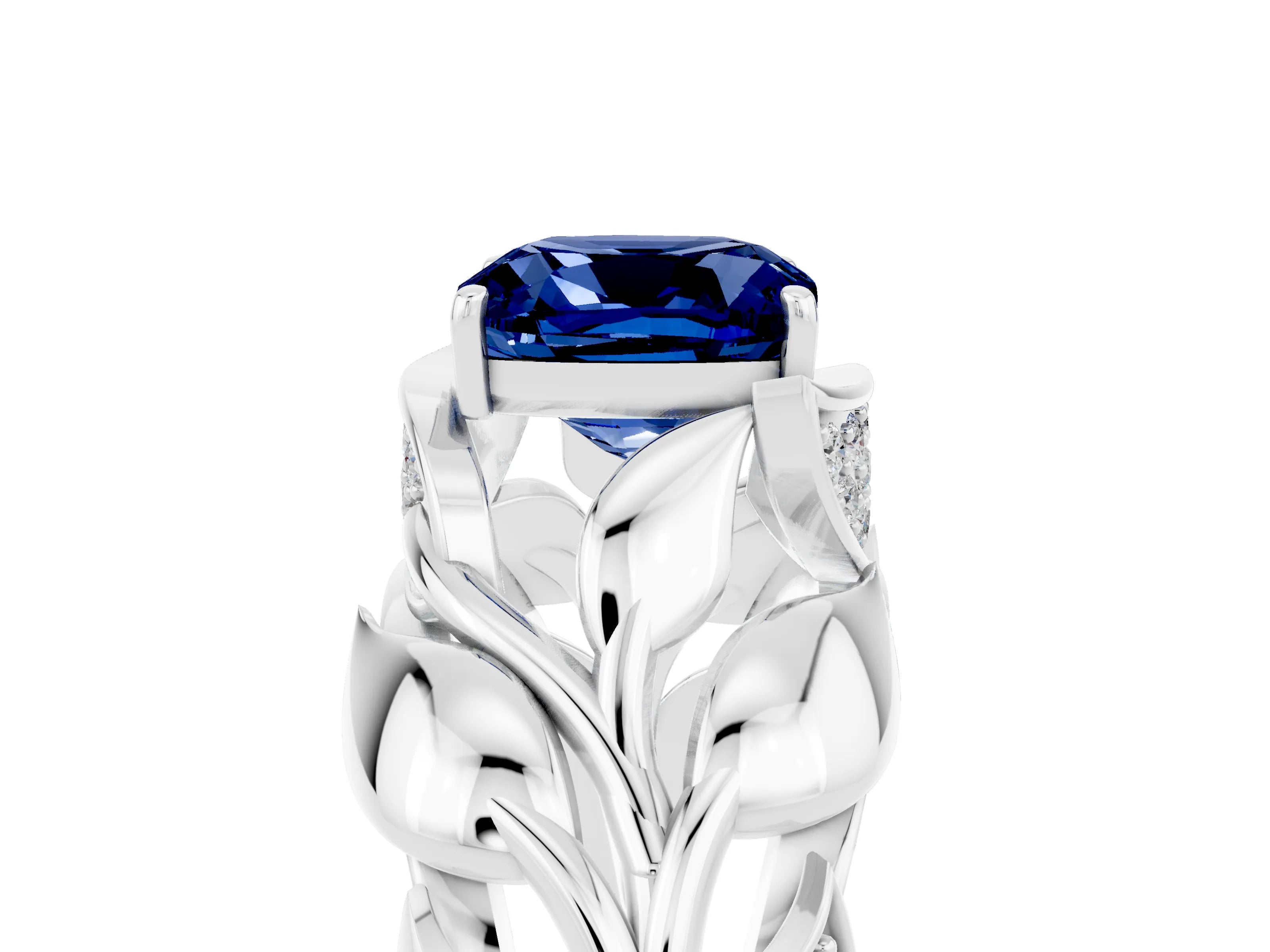 White gold Cushion Cut Solitaire Leaf-Inspired Engagement Ring with Prong Setting_5