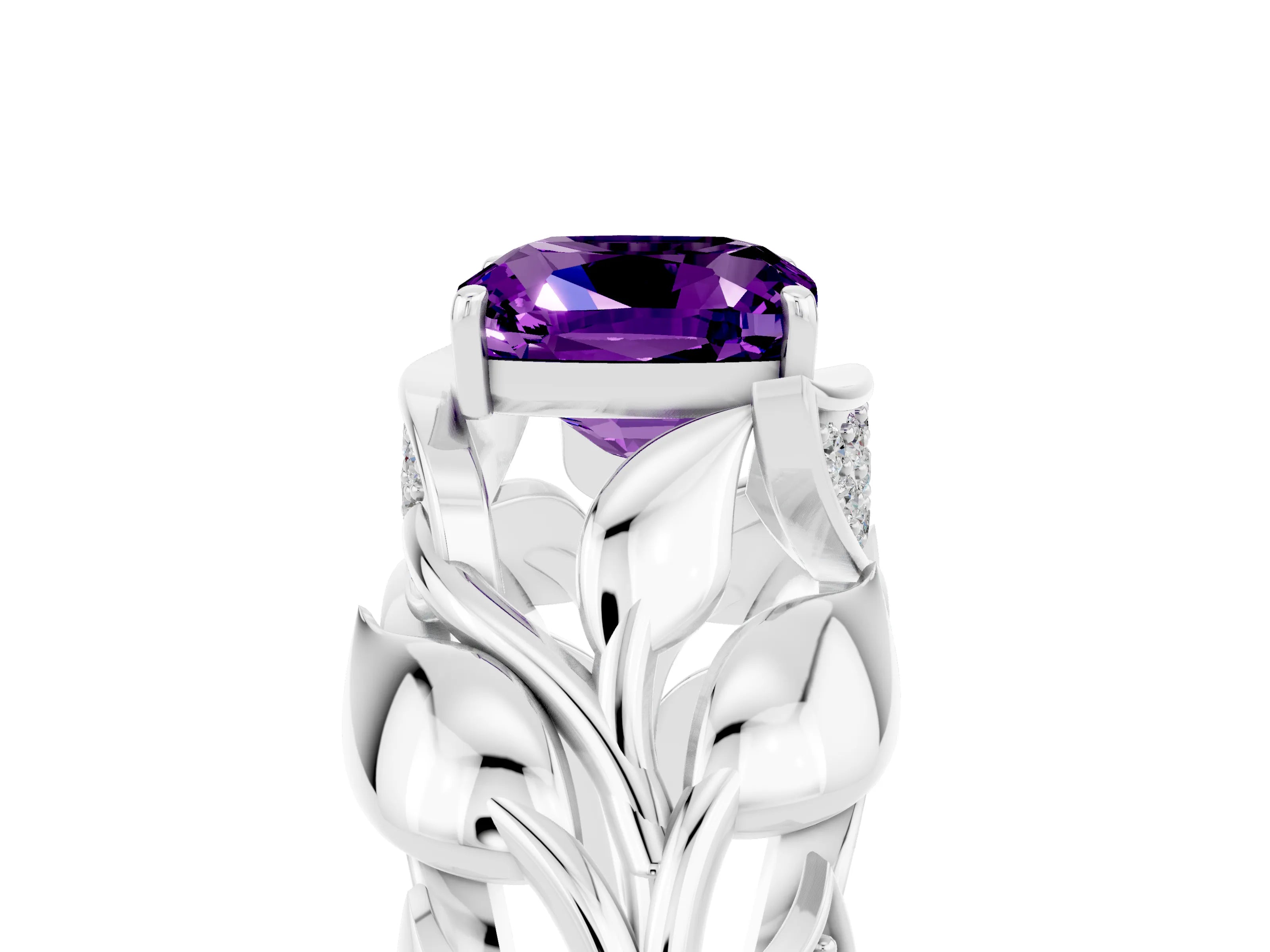 White gold Cushion Cut Solitaire Leaf-Inspired Engagement Ring with Prong Setting_5