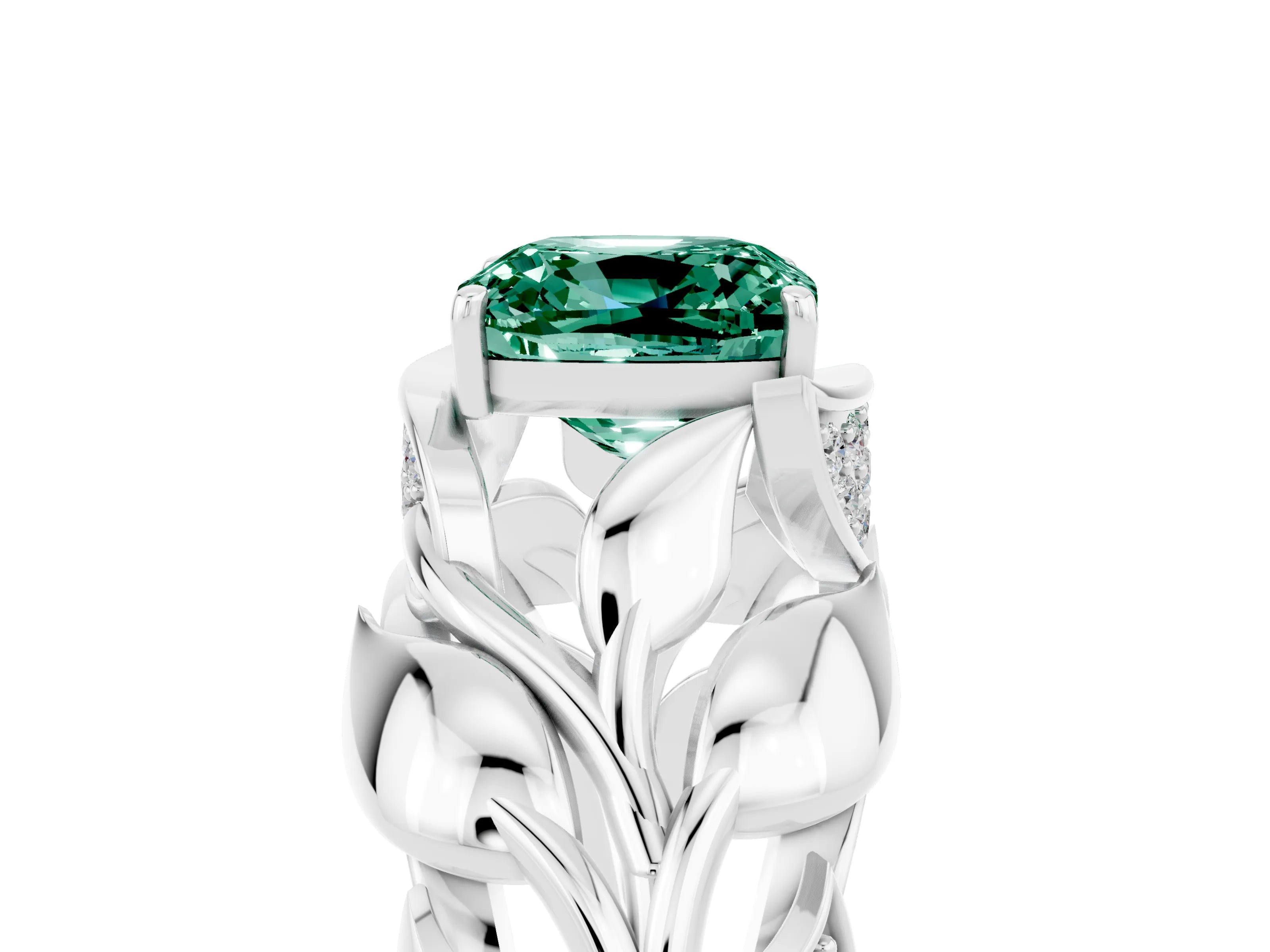 White gold Cushion Cut Solitaire Leaf-Inspired Engagement Ring with Prong Setting_5